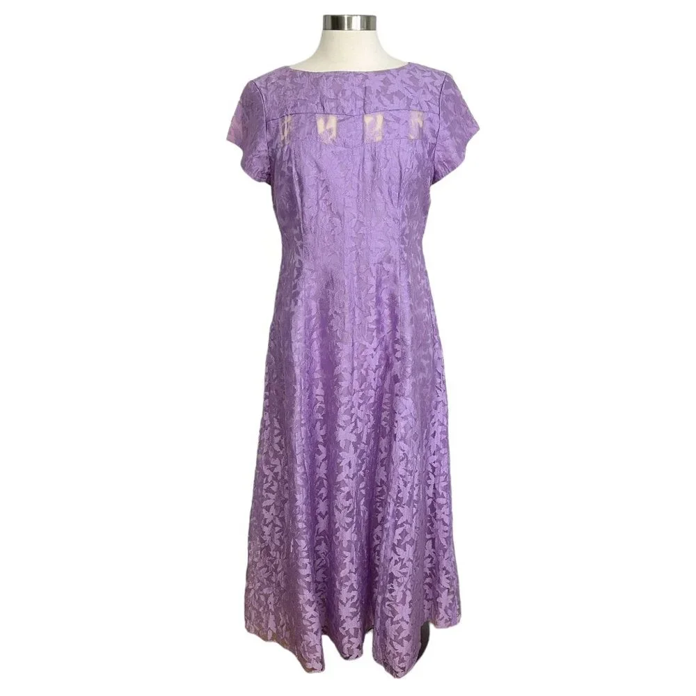 Vtg 1970s Large Lilac Purple Sheer Floral Chiffon Modest Short Sleeve Prom Dress - Picture 2 of 15